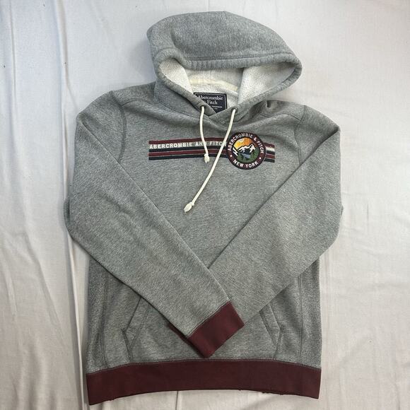 Abercrombie & Fitch Hoodie Mens Medium Gray Pullover New York NY Logo Sweatshirt - Picture 1 of 9